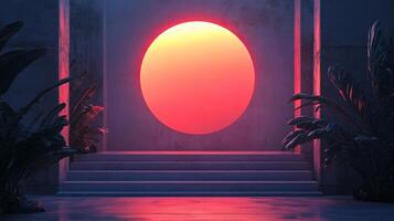 Lush tropical plants frame a glowing red sun in a circular opening in a concrete wall, creating a surreal and exotic atmosphere photo