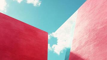 Minimalist architectural detail featuring red walls, transparent panel and clouds, creating a vibrant and modern composition photo