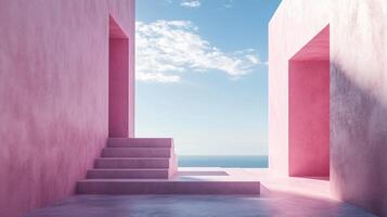 Modern pink minimalist architecture with staircase and doorway overlooks a tranquil ocean under a cloudy blue sky photo