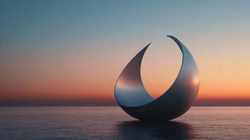 Large, abstract metallic sculpture resembling a crescent moon floats serenely on the calm ocean during a vibrant sunset photo