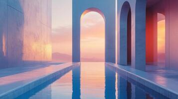 Infinity pool reflecting sunset light in a modern minimalist building with arches photo