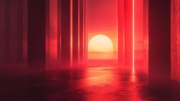 Red sunset illuminating an empty space with pillars and fog, creating a mysterious and evocative atmosphere photo