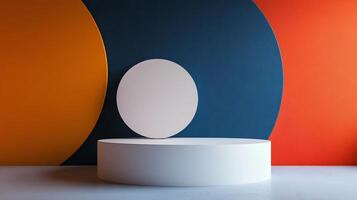 Minimalistic white cylinder podium with circle backdrop on colorful background for product presentation photo