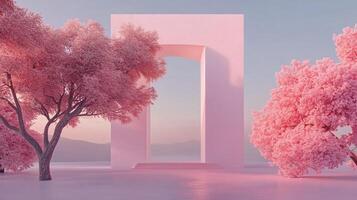 Pink surreal gate with trees framing a hazy landscape at sunset, creating a dreamy and otherworldly atmosphere photo