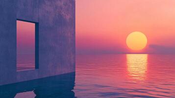 Minimalist seascape with concrete wall and square window framing a vibrant pink sunset over calm ocean photo