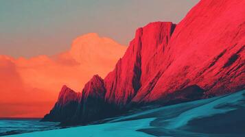Breathtaking landscape featuring vibrant red mountains juxtaposed against turquoise waters, illuminated by a coral-colored sunset sky photo