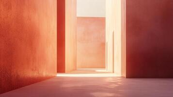 Sunlight illuminating empty red corridor with geometric shadows, creating abstract and minimalist composition photo