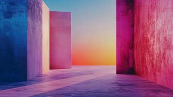 Concrete walls in vibrant colors create a captivating pathway leading towards a beautiful sunset, forming a striking visual contrast photo