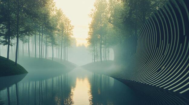 Serene misty forest landscape merging with an abstract striped tunnel structure at sunrise, creating a surreal and dreamy atmosphere photo