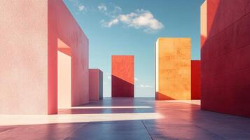 Minimalist abstract architecture featuring vibrant walls under a clear blue sky, creating a striking visual contrast photo