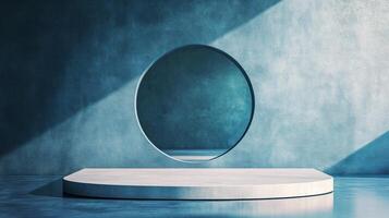 Minimalist white cylinder podium showcasing products on blue concrete wall with round window, creating elegant backdrop for marketing photo