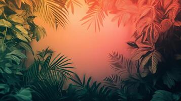 Lush tropical foliage forms a vibrant frame against a warm orange backdrop, creating a captivating jungle atmosphere photo
