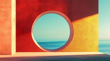 Minimalist architecture featuring a circular window framing a serene ocean view, bathed in warm sunlight photo