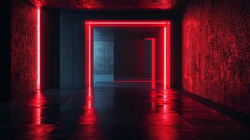 Glowing red neon lights create a vibrant atmosphere in a dark, futuristic corridor with a wet floor photo