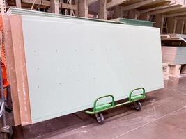 A green cart is currently transporting a sizable piece of drywall that is necessary for construction projects and renovations in various settings, such as buildings and offices photo