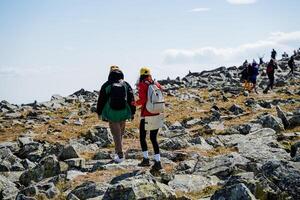 Two skilled hikers expertly navigate through the rugged and challenging terrain while exploring a breathtaking and stunning mountain trail photo