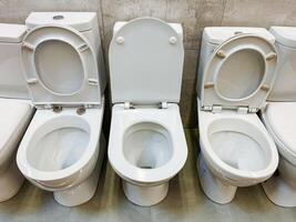 A row of modern toilet bowls is prominently displayed in a clean and accessible public restroom, showcasing contemporary design elements photo