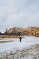 A person is engaging in cross country skiing in a vast, snowy field that features majestic mountains beautifully rising in the background, creating a stunning natural landscape photo