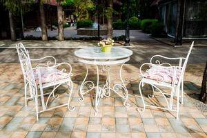 The patio is exquisitely decorated with plants, creating a serene environment for unwinding next to a building. Its a fantastic spot to relax and enjoy some leisure time photo