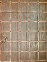 Here is a detailed closeup view of a beautiful wooden door that features intricate and elegant copper trim, showcasing the exquisite craftsmanship involved in its design photo