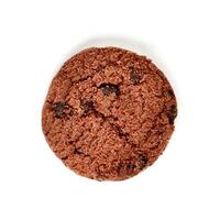 One piece of yummy and sweet crispy brown chocolate cookie biscuit isolated on square white background. photo