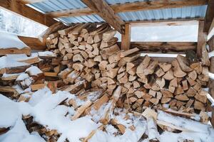 A substantial pile of logs neatly arranged in a rustic wooden shed that is currently blanketed in a deep layer of snow, creating a picturesque winter scene all around them photo