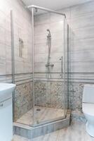 The bathroom features a spacious walkin shower, a functioning toilet, a modern sink, and a stylish mirror, creating a practical and comfortable space for enhanced usability photo