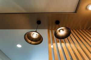 In the ceiling of the room, two stylish pendant lights are elegantly hanging down, adding a beautiful touch to the overall decor and ambiance of the space, enhancing its appearance photo