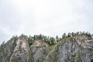 The picture shows a mountain covered in trees under a cloudy sky, forming a beautiful natural view of mountains, trees, and clouds blending together harmoniously with a stunning sky photo