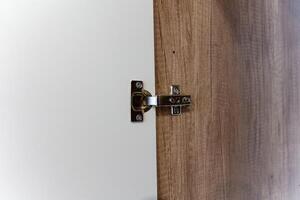 This is a detailed closeup image showcasing a door hinge that is installed on a beautifully crafted wooden door, emphasizing the intricate design and craftsmanship involved photo