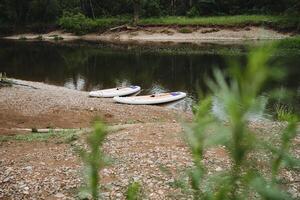 Experience a tranquil riverside view with paddleboards on the peaceful shore, surrounded by nature and calm waters, ideal for outdoor fun and relaxation in summer photo