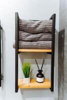 In a bathroom, there is a shelf that holds neatly arranged towels and also features a lovely houseplant, adding a touch of nature to the space, enhancing its aesthetic appeal photo