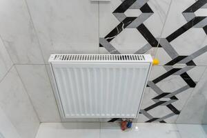 In a beautifully designed bathroom, a pristine white radiator is thoughtfully placed, hanging elegantly on a tiled wall, adding both functionality and aesthetic appeal to the space photo