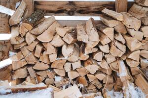 A large, neatly arranged pile of logs stacked meticulously on top of each other, resting in a blanket of soft white snow, creating a striking contrast between the wood and the cold surface photo
