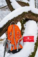 un naranja mochila es descansando en el frío, blanco nieve, posicionado siguiente a un primero ayuda equipo ese es además visible cercano. el escena capturas un contraste Entre vibrante y frío elementos foto