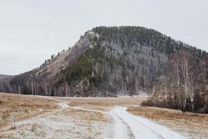 A beautiful and serene winter landscape features a snowcovered hill with a winding pathway, inviting exploration and tranquil moments in nature photo