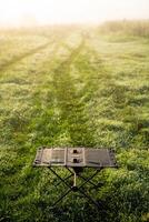 In the center of a vast and open grassy field, there exists a small table that has been placed there, surrounded by the beauty of nature and the vibrant green grass all around it photo