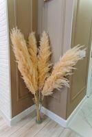 A beautifully crafted vase is filled with dried pampas grass, elegantly placed in a hallway, adding a touch of natural beauty and charm to the interior space, enhancing the overall ambiance photo