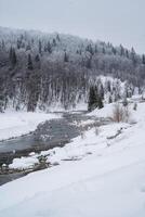 Imagine a beautiful river that gracefully flows through a serene, snowy forest, where majestic trees are blanketed in a thick layer of snow, creating a breathtaking winter landscape photo