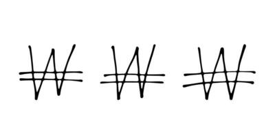 Hand drawn won currency symbol set Brush stroke doodle Single element for design 1 vector