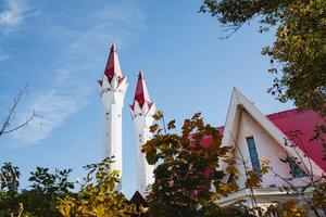 In a picturesque setting, there stands a charming white house that features a striking red roof, complemented by two beautifully designed chimneys that resemble towers adorned on top photo