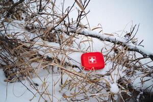 A bright red first aid kit can be seen resting on a snowcovered tree branch, creating a striking contrast against the pure white snow all around in the cold winter breeze photo