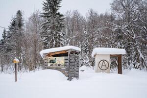 A delightful and charming wooden shelter is gracefully nestled deep in the very heart of a snowy forest, surrounded by majestic towering trees blanketed in pristine white snow photo