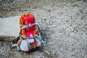 A wellprepared backpack containing a first aid kit sits on the ground, ready for any potential emergencies that may arise during your exciting outdoor adventures or explorations photo