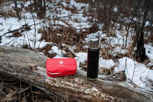 A first aid kit and a thermos are both resting on a log that is covered in white snow, creating a picturesque winter scene filled with various natural elements surrounding them photo