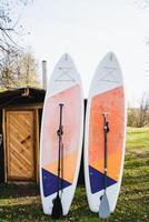 In a serene outdoor setting, two surfboards accompanied by paddles are positioned side by side on the lush green grass, creating a perfect scene for any surfing enthusiasts adventure photo