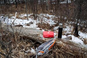A bright red first aid kit is sitting on a log nestled in the lush woods, surrounded by the beauty of nature and the tranquility that the forest offers, creating a serene atmosphere photo