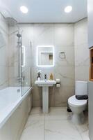 Imagine a bathroom that is equipped with essential amenities including a sink, a toilet, a bathtub, and a mirror, creating a fully functional and comfortable space for daily routines photo