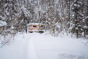 A lone camper is parked on a snowcovered road that winds its way through peaceful woods, completely surrounded by tall trees that are blanketed in a pristine layer of white snow photo