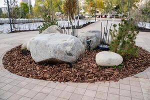 In the park, a large rock is prominently sitting in a welldefined circle of mulch. This area contrasts with the surrounding grass and various other plants within the landscape photo
